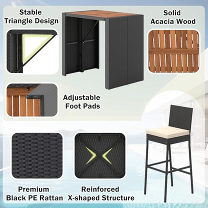 RELAX4LIFE 5-Piece Outdoor Bar Set - Wicker Rattan Bar Height Dining Table w/Acacia Wood Top & 4 Bar Stools Chairs w/Seat Cushions, Backrest, Footrest, Outside Patio Bistro Set for Backyard (47.5'')