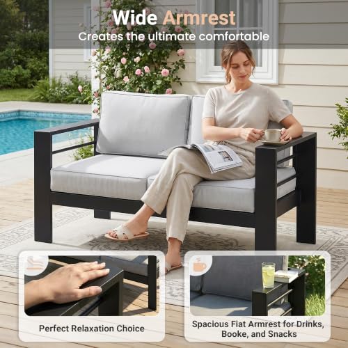 Aluminum Outdoor Couch, 3-Seat Metal Patio Sofa with 10" Back Cushion