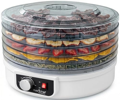 NutriChef Electric Countertop Food Dehydrator - Multi-Tier High-Heat Circulation Professional Food Preserver, Fruit, Vegetable Dryer, Meat or Beef Jerky Maker w/ 5 Stackable Trays - AZPKFD12