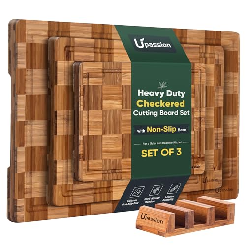 Heavy Duty Bamboo Cutting Board Set 3 Pack Non Toxic Juice Groove Charcuterie Board Book Wood Cutting Boards for Kitchen Solid End Grain Wood Chopping Board Large Butcher Block