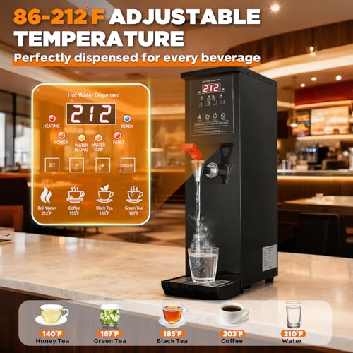 Commercial Hot Water Dispenser Water Boiler Countertop 30L/H Auto-filling Stainless Steel Hot Water Machine Step-heating 104-212°F Adjustable for Cafe Tea Shop Office Restaurant Hotel 1500W, Black