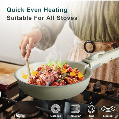 NEWBULIG 12-Piece Nonstick Cookware Set, Detachable Handle Pots and Pans, Induction Compatible Cookware, Dishwasher & Oven Safe, Space-Saving Kitchen Set, Cream White