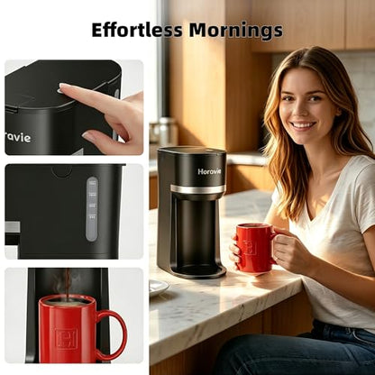 Horavie Small Single Serve Coffee Maker for K Cup and Grounds, Fast Brew One Cup Coffee Machine with One Button, 6 to 12 oz. Brew Sizes, Perfect for Home and Travel, Black