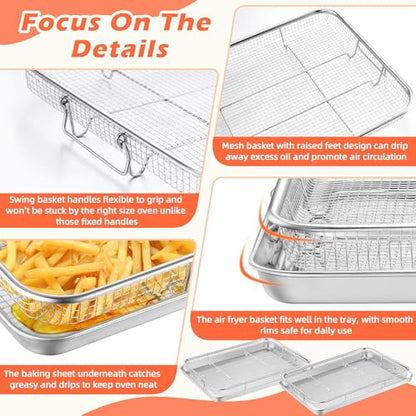 TeamFar Air Fryer Basket for Oven, 2 Set Stainless Steel Air Fryer Basket and Tray, 16”x12” Oven Air Fryer Rack with Baking Pan for Cooking Baking Broiling Grilling, Heavy Duty & Dishwasher Safe