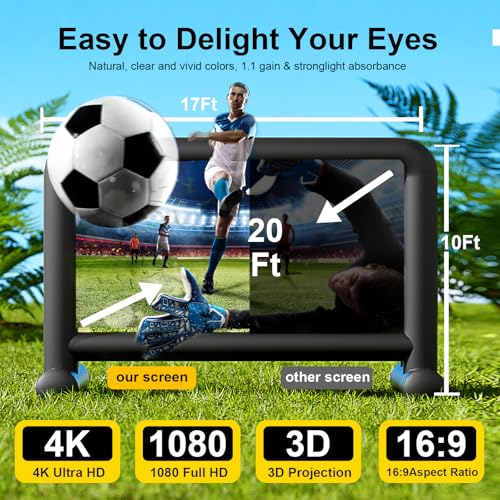 20Ft Portable Inflatable Projector Screen with Build-in Air Blower and Carry Bag, Double-Sided Projection Easy Set Up One-Piece Design Inflatable Screen Outdoor for Backyard Movie Night Pool Party