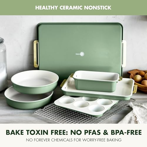 GreenPan Bakeware Set, 7 Piece Nonstick Ceramic Gold Handle Baking Sheets, Cake Pans, Loaf Pan, Muffin Tin, Cooling Rack, PFAS & BPA Free, Freezer to Oven Dish, Bake & Roast Ovenware, Sage Green