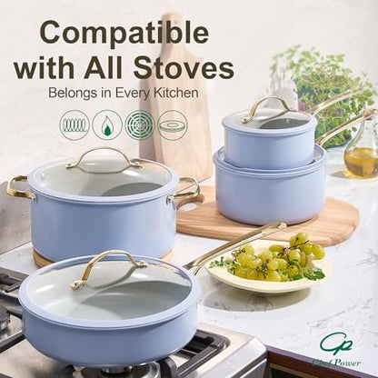 Chef Power Ceramic Cookware Sets, 15Pcs Pots and Pans Set Non Stick, Cookware Set with Stainless Steel Handle, Dishwasher & Oven Safe, Blue Gray and Granite Grey