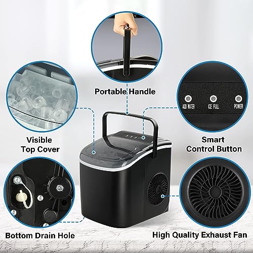 Simple Deluxe Ice Maker for Countertop, Self-Cleaning, Portable Ice Machine with Scoop and Basket, 26lbs Ice/24Hrs, 6 Mins 9 Bullet Ice, 13.7lbs, for Home Kitchen Office, Black