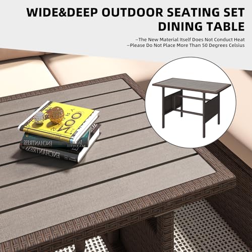 AECOJOY Outdoor Patio Furniture Set with Waterproof Cover, 7 Pieces Clearance Sectional Rattan Dining Table&Chairs, All Weather Wicker Conversation Sofa Couch, Khaki Cushions&Brown Rattan