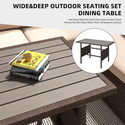 AECOJOY Outdoor Patio Furniture Set with Waterproof Cover, 7 Pieces Clearance Sectional Rattan Dining Table&Chairs, All Weather Wicker Conversation Sofa Couch, Khaki Cushions&Brown Rattan