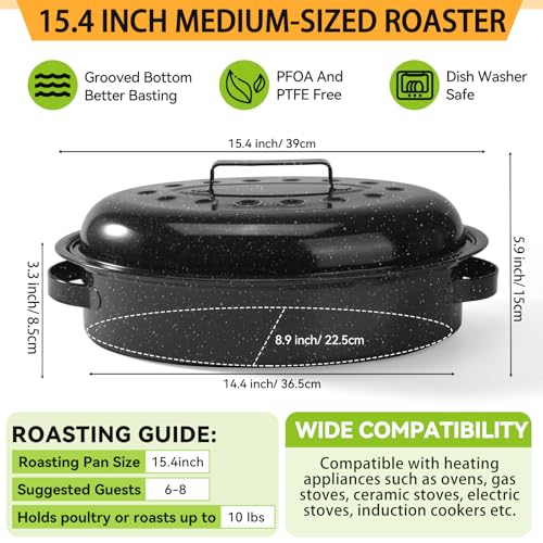 15.4” Roasting Pan With Lid, Oval Roaster Pan, Medium Roasting Pan For 10 Lb Turkey, Chicken, Lamb, Vegetables, Casserole, Lasagnaa