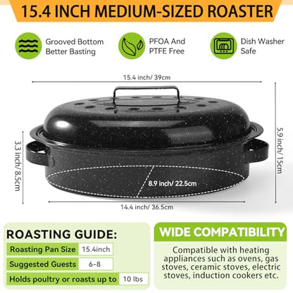 15.4” Roasting Pan With Lid, Oval Roaster Pan, Medium Roasting Pan For 10 Lb Turkey, Chicken, Lamb, Vegetables, Casserole, Lasagnaa