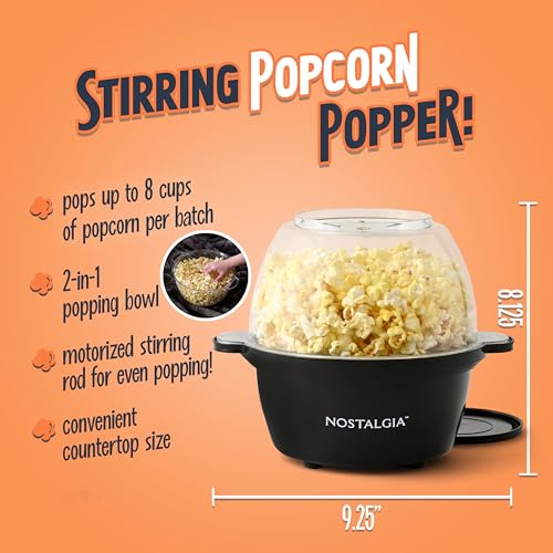 Nostalgia Classic Electric Stirring Popcorn Maker, Makes 8 Cups, Large Lid Doubles as Serving Bowl, Quick Heat Technology, for Kettle Corn and Roasted Nuts, Black