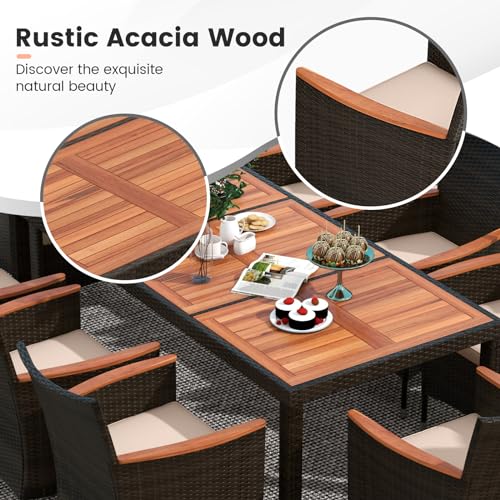 Tangkula 11 Pieces Patio Dining Set with 15ft Double-Sided LED Patio Umbrella (Base Included), Outdoor Rattan Furniture Set with 8 Stackable Chairs, Acacia Wood Dining Table and Umbrella (Wine)
