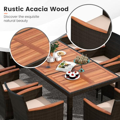 Tangkula 11 Piece Rattan Outdoor Dining Set with 15Ft Patio Umbrella for 8, Outdoor Wicker Table Set with 8 Cushioned Armchairs, Acacia Wood Top, Outdoor Umbrella with Base Included