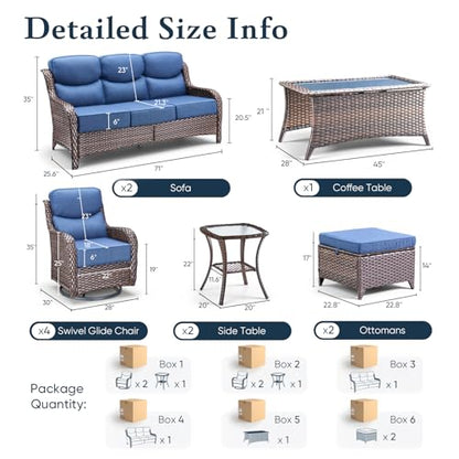 Belord Luxury 6" Thick Cushioned 11 Pieces Patio Furniture Set with Outdoor Couch, Wicker Outdoor Conversation Set with High Back Swivel Rocker Chairs for Deck Porch Yard and Poolside - Brown+Blue