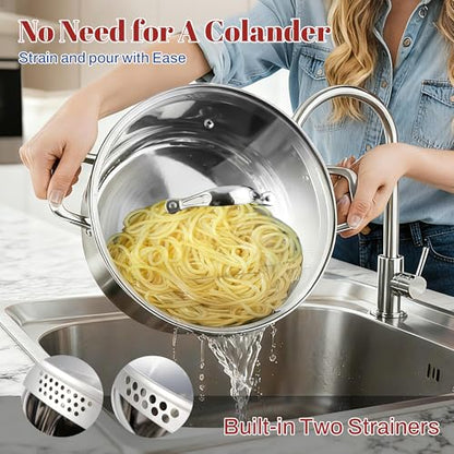 AOSION 6 Quart Stainless Steel Stock Pot with Strainer Lid & Deep Fryer Basket, Large Multipurpose Cookware for Spaghetti, Soup, Stew & Deep Frying, Compatible with All Stovetops & Oven Safe.
