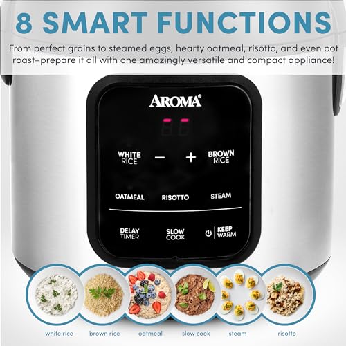 AROMA Digital Rice Cooker, 4-Cup (Uncooked) / 8-Cup (Cooked), 2 Qt, Steamer, Multicooker, Slow Cooker, Oatmeal Cooker, Auto Keep Warm, Stainless Steel Exterior