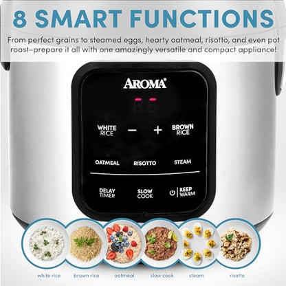 AROMA Digital Rice Cooker, 4-Cup (Uncooked) / 8-Cup (Cooked), 2 Qt, Steamer, Multicooker, Slow Cooker, Oatmeal Cooker, Auto Keep Warm, Stainless Steel Exterior