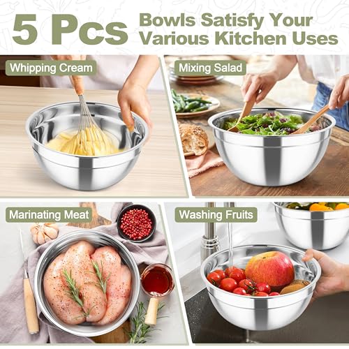 TeamFar Mixing Bowls, Stainless Steel Salad Serving Bowl with Clear Lids & 3 Graters, For Kitchen Cooking Prepping Storing, Size 4.6/2.6/1.5/1/0.7 QT, Nesting & Airtight, Set of 5 & Khaki