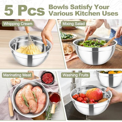 TeamFar Mixing Bowls, Stainless Steel Salad Serving Bowl with Clear Lids & 3 Graters, For Kitchen Cooking Prepping Storing, Size 4.6/2.6/1.5/1/0.7 QT, Nesting & Airtight, Set of 5 & Khaki