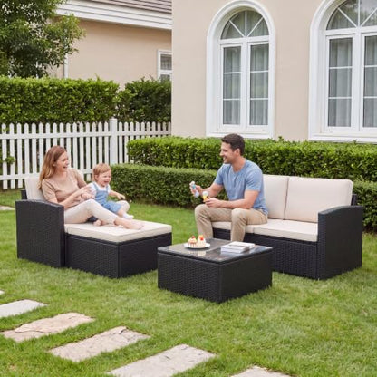 Greesum 3 Piece Patio Furniture Set Outdoor Wicker Rattan Sectional Sofa with Adjustable Seat, Soft Cushions & Coffee Table for Yard, Garden, Porch, Poolside, Beige