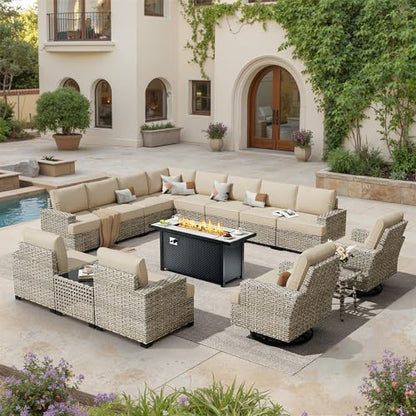 HOOOWOOO Sectional Patio Furniture Set with Fire Pit Table,15 Pieces Wicker Outdoor Furniture L Shaped Couch,Outside Conversation Set Extra Deep Seat Sofa Wide Arm Swivel Chairs Solar Light,Beige