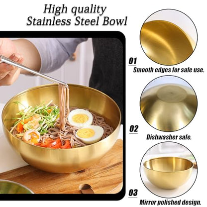 Huakaile 5 Pack 25 Oz Stainless Steel Bowl Set, Heat Insulated Metal Soup Bowls, Matte Finish Cereal Bowls for Rice Salad Noodle Snack Cooking Kitchen Ice Cream Serving Mixing Prep (Gold)