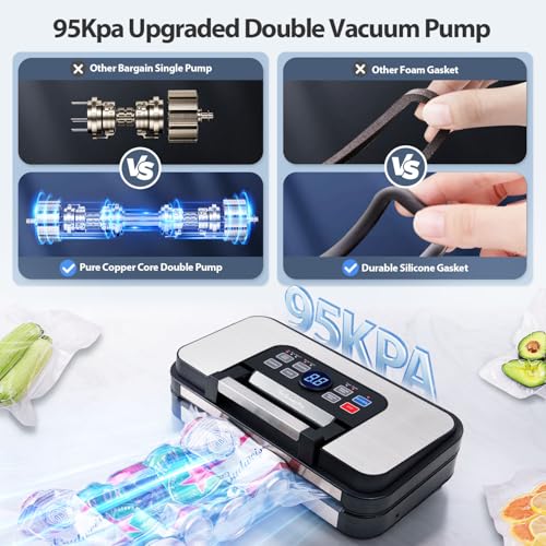 95Kpa Precision Pro Vacuum Sealer, with Double Heat Seal & Dual-Pump for Dry/Moist Food, 2X Strength, Food Vacuum Sealer Machine, Silver-Grey