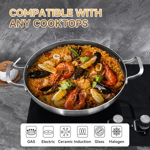 Inqibee 14-Inch Hybrid Tri-Ply Stainless Steel Paella Pan with Lid, Ceramic Non Stick Large Skillet, Induction Cooking Pan, Anti-Scratch, Dishwasher and Oven Safe