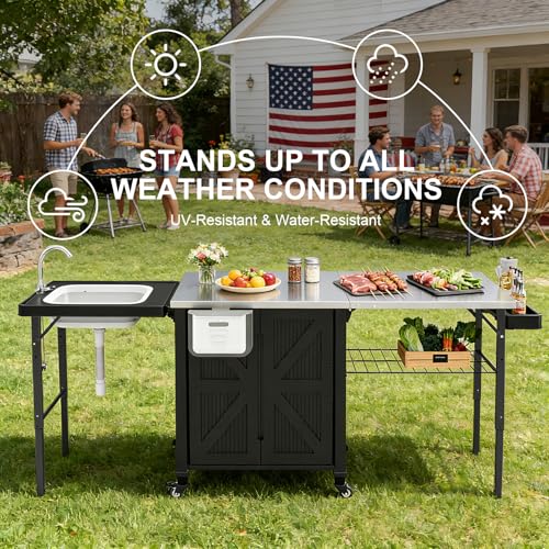 IWDOO Outdoor Kitchen Island with Storage Cabinet, 3-in-1 Movable Grill Cart with Stainless Steel Tabletop, 4 Swivel Wheels, Foldable Sink Rolling Bar Table Cart BBQ Food Prep Station for Patio, Black
