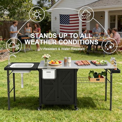 IWDOO Outdoor Kitchen Island with Storage Cabinet, 3-in-1 Movable Grill Cart with Stainless Steel Tabletop, 4 Swivel Wheels, Foldable Sink Rolling Bar Table Cart BBQ Food Prep Station for Patio, Black