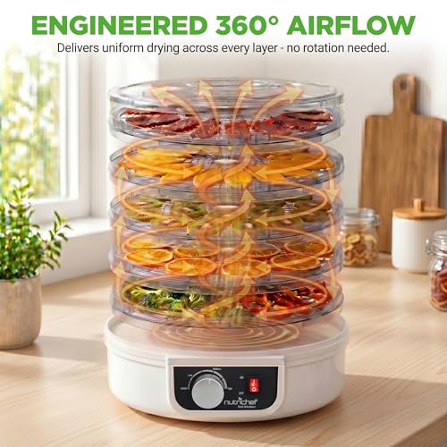 NutriChef Electric Countertop Food Dehydrator - Multi-Tier High-Heat Circulation Professional Food Preserver, Fruit, Vegetable Dryer, Meat or Beef Jerky Maker w/ 5 Stackable Trays - AZPKFD12