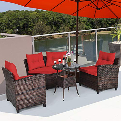 Tangkula 4-Piece C Shape Patio Furniture Set, Outdoor Corner Wicker Rattan Sectional Cushioned Sofa Set, with Glass Coffee Table, for Garden Poolside Balcony (Red)