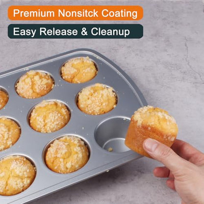 wivplik Deep Well Muffin Pan - 12-Cup 2-Pack, 1.77-Inch Deep Cups (50% More Batter), Heavy Duty Carbon Steel with Nonstick and Non-Toxic Coating, 15.9 x 11.1 Inches