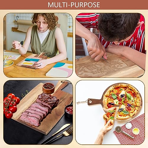 Hsei 2 Pcs Acacia Wood Cutting Board with Handle Wooden Charcuterie Board Large Paddle Carving Chopping Set Butter Serving Tray for Cheese Meat Fruit Pizza Bread Baking(Classic Handle)