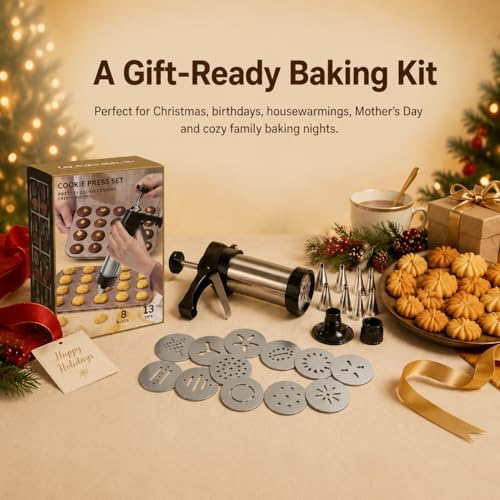 Loukaii Spritz Cookie Press Gun Kit - 24-piece cookie press set with 13 Discs & 8 Tips | Easy Squeeze for Butter Cookies, Cake Decorating | Ideal Holiday Baking & Gift for Home Bakers