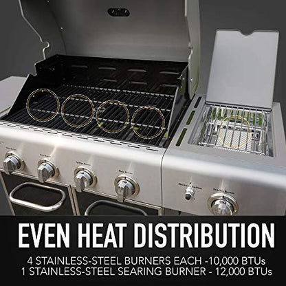 Kenmore 4-Burner BBQ Gas Grill with Searing Side Burner, Propane Grill, 52,000 BTUs, Warming Rack, Electronic Ignition & Cast Iron Cooking Grates, Black/Stainless Steel