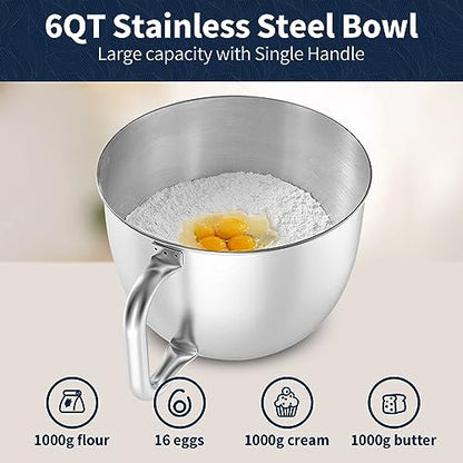 GEFT Stand Mixer, 6 QT 600W Tilt-Head Dough Mixer, 6+P speed Mixers Kitchen Electric Stand Mixer with Stainless Steel Bowl, Dishwasher-Safe Dough Hook, Flat Beater, Wire Whisk, Splash Guard, Grey