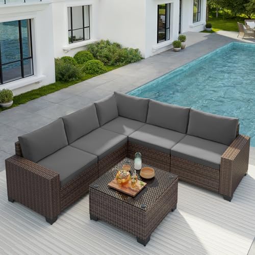 Gizoon 6-Piece Outdoor Patio Furniture Set, PE Wicker Rattan Sectional Sofa