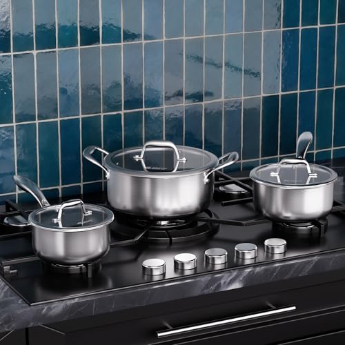 COOKER KING Stainless Steel 6 Pcs Pots Set, 1.5 & 2QT Saucepan and 5-Quart Pots with Lids, Non Stick, Non Toxic, Stay-Cool Handles, Induction, Oven, Dishwasher Safe