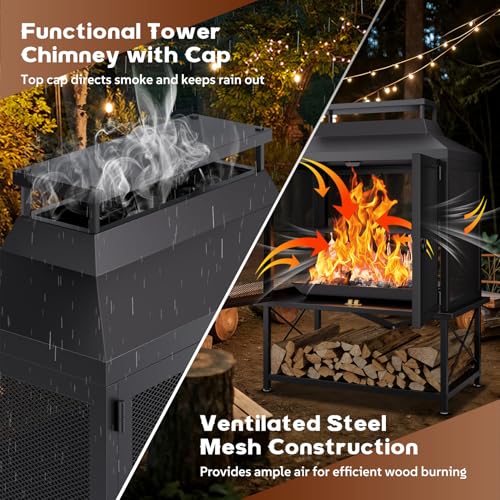 Large Outdoor Chiminea Fire Pit with Grill, Outdoor Fireplace, Outdoor Wood Burning Fireplace with Chimney, 360° Mesh Spark Screen Door, Fire Poker and Log Storage Rack for Patio Backyard