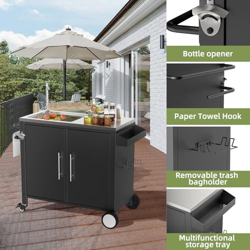 ahomrt Outdoor Grill Table with Sink, Grill Cart with 304 Stainless Steel Sink and Cabinet, Outdoor Grill Cart,Outdoor Cart Sink Station with Wheels, L38” x W18” x H35”