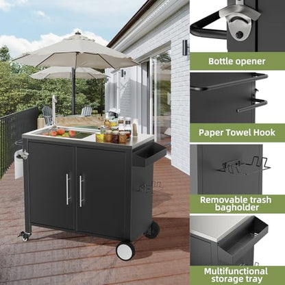 ahomrt Outdoor Grill Table with Sink, Grill Cart with 304 Stainless Steel Sink and Cabinet, Outdoor Grill Cart,Outdoor Cart Sink Station with Wheels, L38” x W18” x H35”