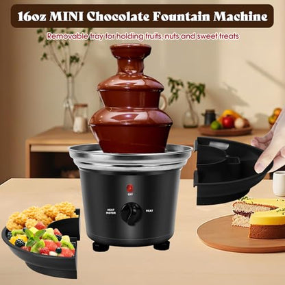 16oz Chocolate Fondue Fountain, 3-Tier MINI Chocolate Fountain with 6PCS Fondue Fork and Removal Tray for Fruits/Nuts/Treats