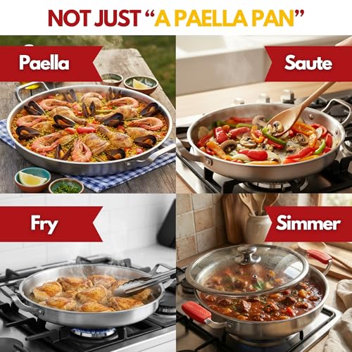 Paelluxe 13 Inch Tri-Ply Stainless Steel Paella Pan with Lid for 6 Servings - Includes Hot Handle Holders - Induction, Oven and Dishwasher Safe Skillet, Indoor Outdoor Cooking Cacerola Paellera Sarten