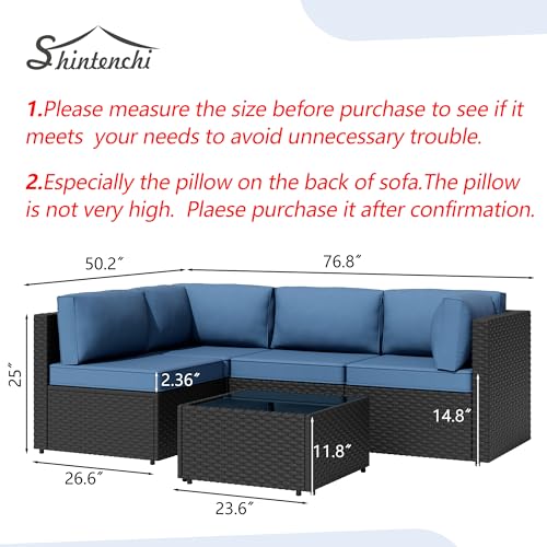 Shintenchi 5 Pieces Outdoor Patio Sectional Sofa Couch, PE Wicker Furniture Sets, Patio Conversation Sets with Washable Cushions Glass Coffee Table for Garden, Poolside, Backyard, Aegean Blue