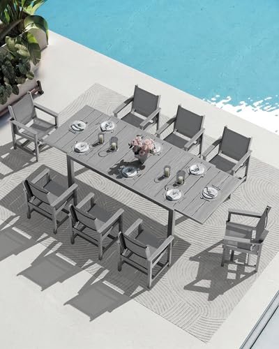 SERWALL 9-Piece Outdoor Dining Set, 60" - 83" Expandable Patio Dining Table with 8 Breathable Textilene Chairs, All Weather HDPE Patio Furniture Set, Grey