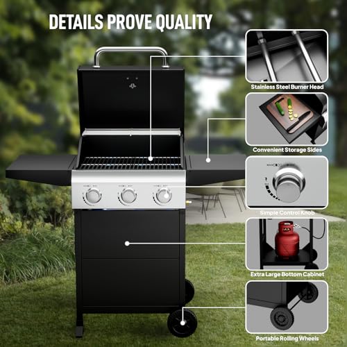 Bonnlo 3 Burners Portable Gas Grill with Enameled Cast Iron Grates, Powerful 36,000 BTU Propane Grill with Side Shelf & Bottom Cabinet, Outdoor Grill with Wheels for Patio Backyard Garden BBQ Use