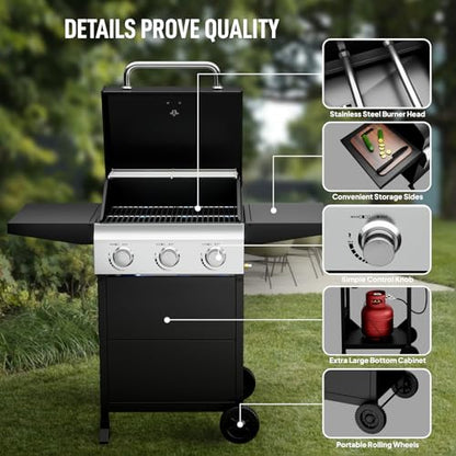 Bonnlo 3 Burners Portable Gas Grill with Enameled Cast Iron Grates, Powerful 36,000 BTU Propane Grill with Side Shelf & Bottom Cabinet, Outdoor Grill with Wheels for Patio Backyard Garden BBQ Use